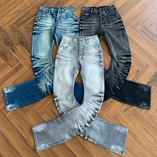 CIeanfit美式爆裂纹水洗雾霾灰立体猫须高弹弯刀牛仔裤微喇男女款
