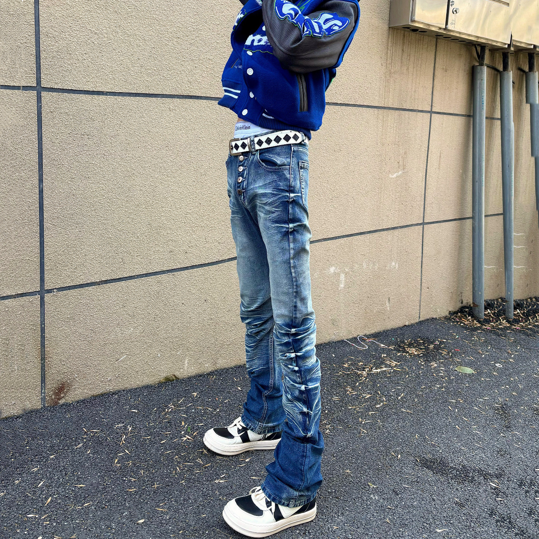 美式高街蓝色vintage排扣褶皱弯刀牛仔裤直筒修身休闲堆堆裤子男,男装,牛仔裤,淘宝优惠券,粉丝福利购,淘宝优惠卷