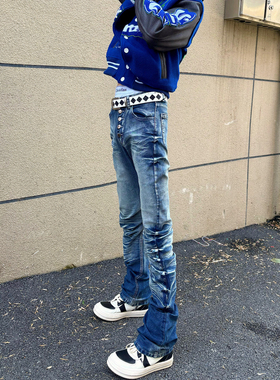 美式高街蓝色vintage排扣褶皱弯刀牛仔裤直筒修身休闲堆堆裤子男