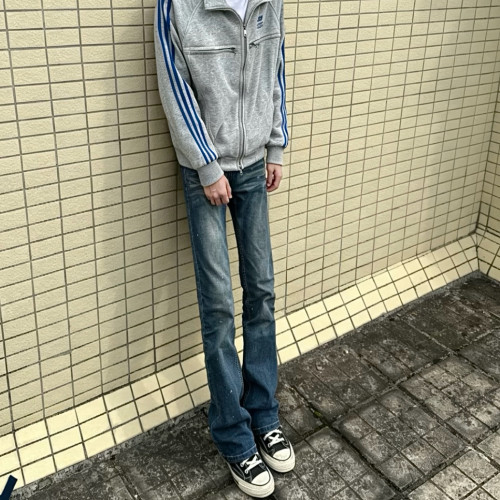 痞帅泼墨水洗做旧蓝窄版牛仔裤男