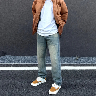 欧美FOG水洗做旧蓝直筒牛仔裤磨破褶皱路休闲百搭复古时尚男女潮