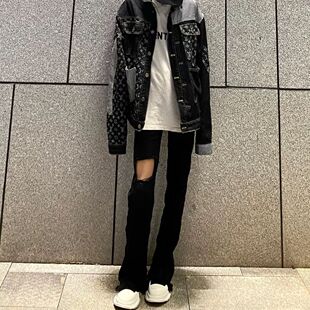 FOG欧美水洗黑色拼接大破洞做旧高街复古休闲微喇叭牛仔裤 男 长裤