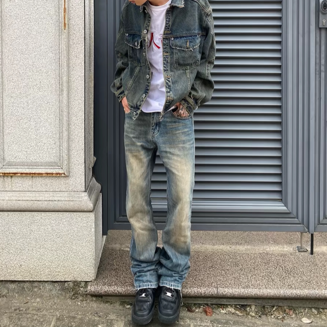 复古直筒牛仔裤做旧蓝微喇叭男图片