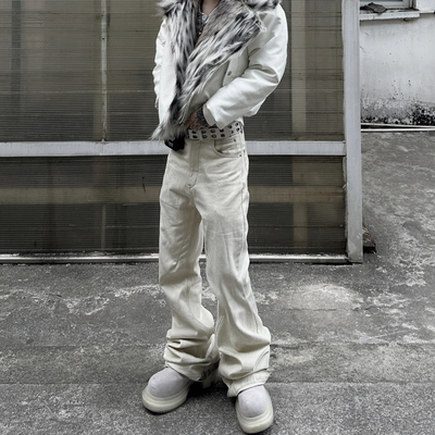 高弹力拖地米白色磨毛喇叭牛仔裤