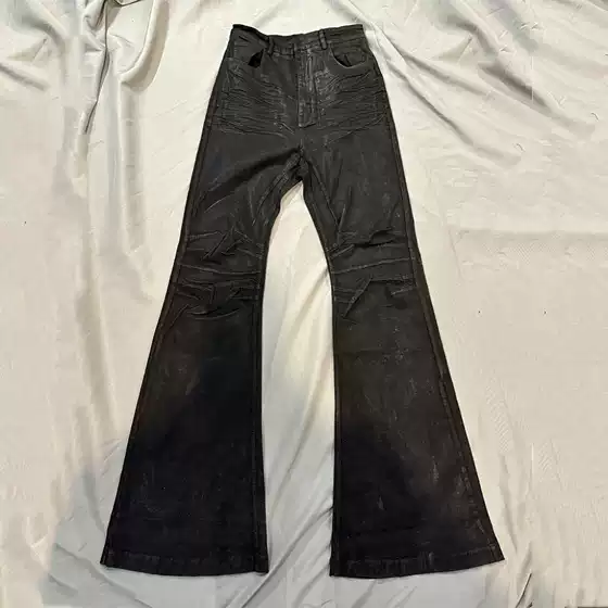 American-Style Heavy-Duty Hand-Brushed Waxed Black-Coated Stretchy Bootcut Jeans, Floor-Length Waxed Pants, Bootcut Trousers for Men