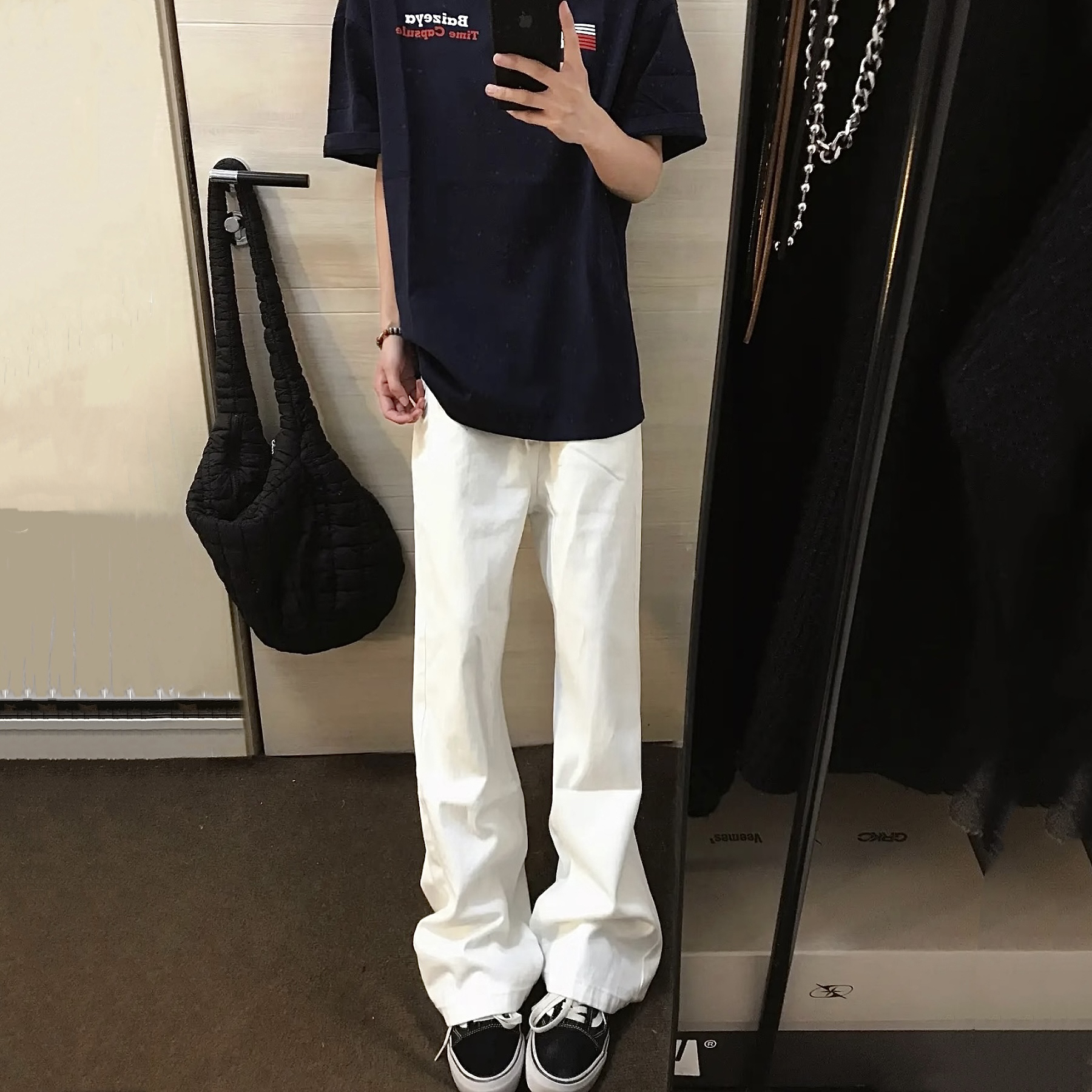 美式纯白色微喇牛仔裤弹力显瘦男
