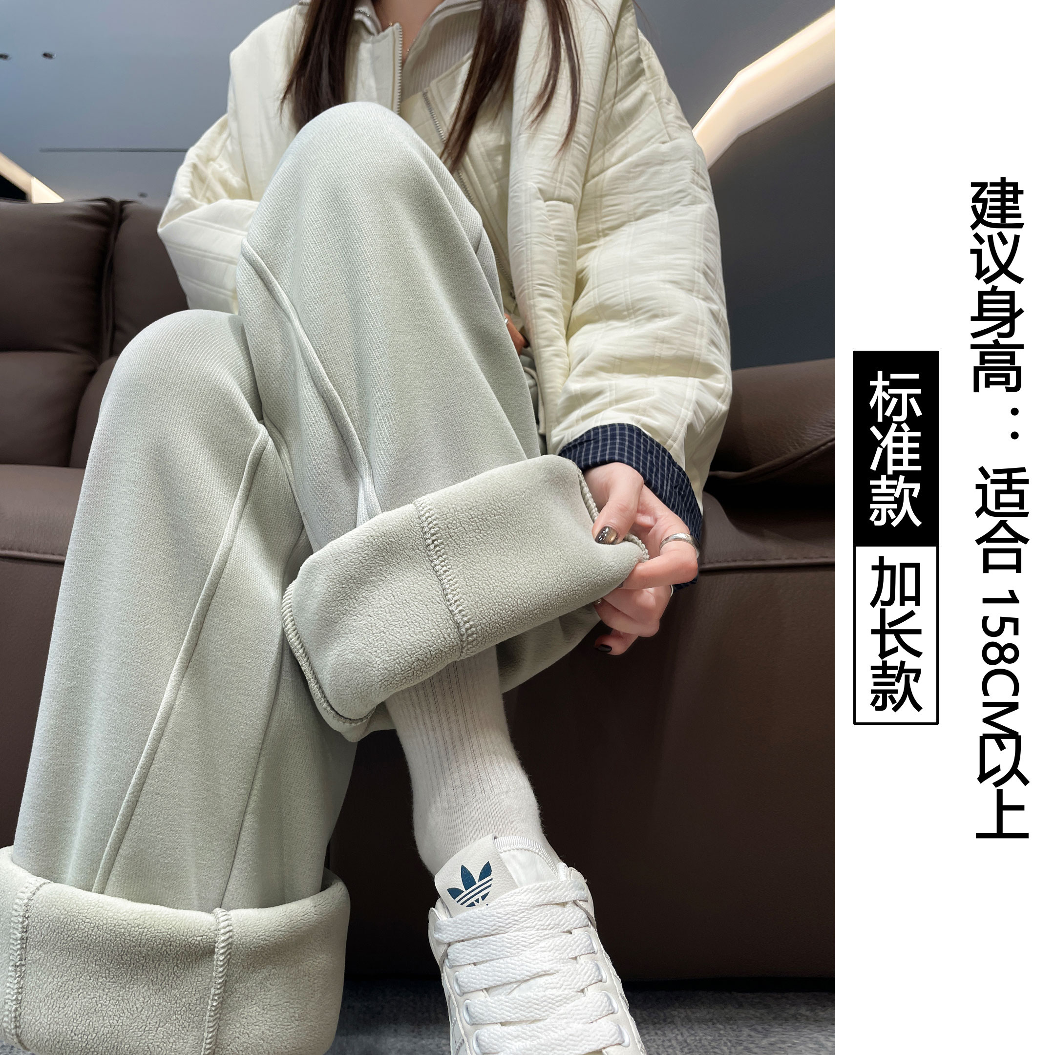 青少年大童初中学生秋冬季加绒加厚绿色裤子女羊绒阔腿运动休闲裤