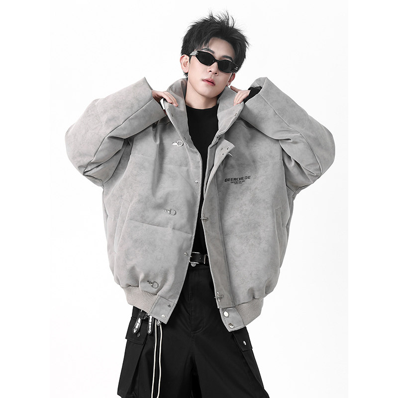 美式高级感PU皮羽绒服男士冬季潮牌青少年男生短款加厚棉衣袄外套