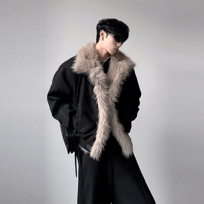 美式高级感座山雕羽绒服男士冬季潮牌痞帅加厚短款麂皮棉衣袄外套