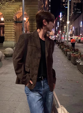 设计高级感麂皮绒西装外套男士春秋款潮牌痞帅休闲单西dk制小西服