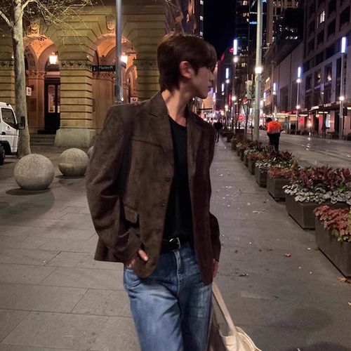 设计高级感麂皮绒西装外套男士春秋款潮牌痞帅休闲单西dk制小西服