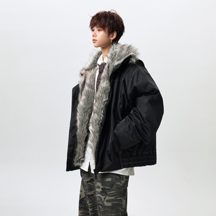 美式高级感毛领座山雕羽绒服男士冬季潮牌痞帅青少年短款加厚外套