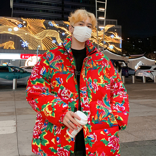 东北大花棉袄羽绒服男士冬季2025新款国潮风大码网红短款加厚外套