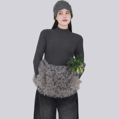 德绒网纱花苞裙半高领保暖打底衫