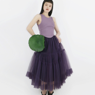 夏 仙女百褶裙a字大摆纱裙新款 TEATREE 网纱拼接半身裙女中长款