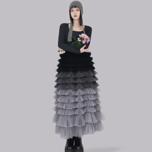 TEATREE/渐变网纱半身裙浪漫甜美蛋糕裙优雅气质松紧腰四季搭长裙