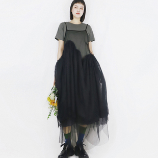 个性 显瘦长裙透视吊带网纱裙连衣裙超仙文艺小众裙不规则罩裙夏新