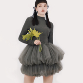 TEATREE 原创花苞裙秋冬网纱连衣裙蓬蓬裙修身 显瘦保暖德绒半高领