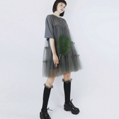 一茶衣树TEATREE自制网纱连衣裙超仙个性 宽松T恤裙纯棉拼接纱裙夏