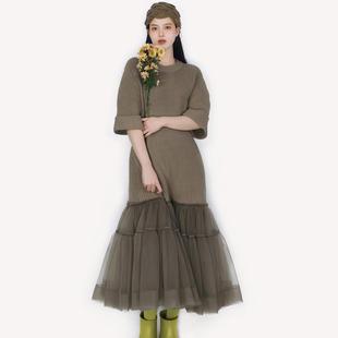 TEATREE原创网纱拼接连衣裙法式鱼尾裙宽松短袖毛衣针织大摆长裙