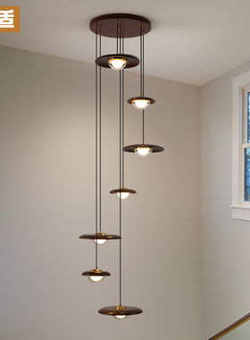 2025新款中古风新中式禅意实木别墅客厅挑空小复式楼旋转楼梯吊灯