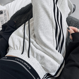 美式阔腿裤女春秋季2026新款直筒休闲卫裤小个子灰色侧条纹运动裤