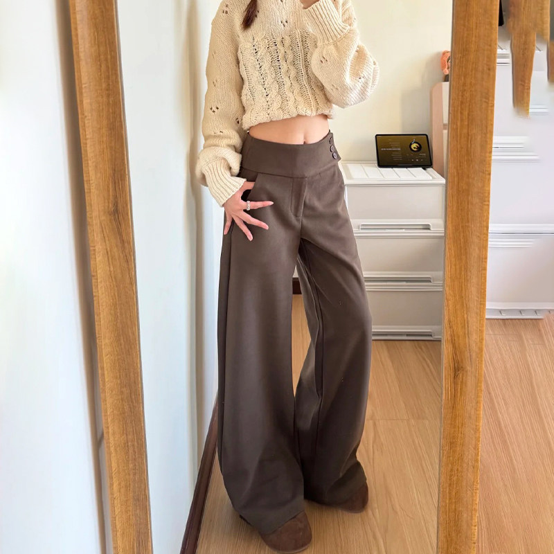 咖色阔腿裤女冬季加绒加厚今年流行款的裤子小个子高腰窄版西装裤