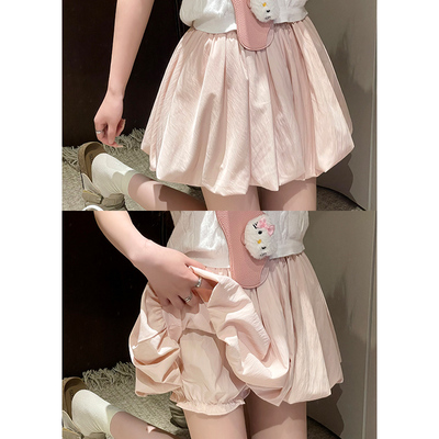 粉色花苞短裙女夏季高腰显瘦a字防走光灯笼裤小个子半身裙百褶裙