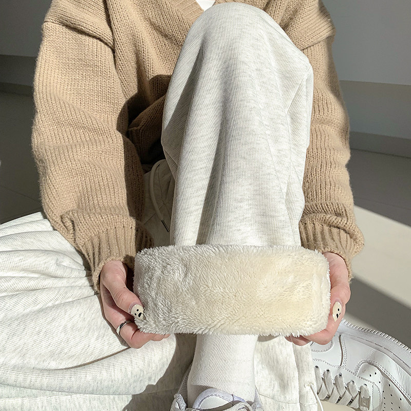 羊羔绒运动裤女秋冬宽松束脚棉裤加厚保暖休闲阔腿裤直筒加绒卫裤