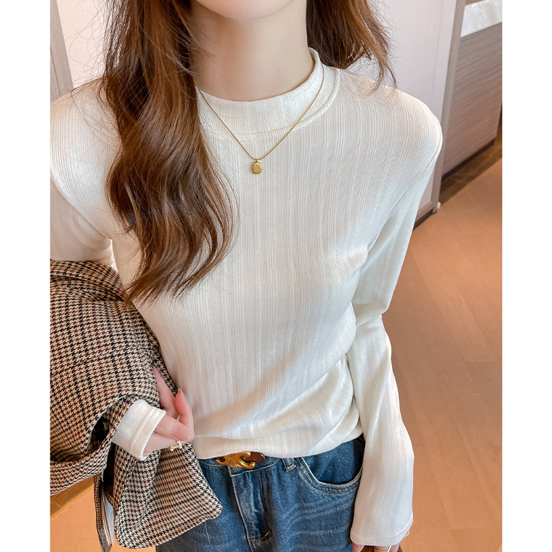 德绒白色打底衫女秋冬季2026新款半高领内搭长袖T恤修身圆领上衣