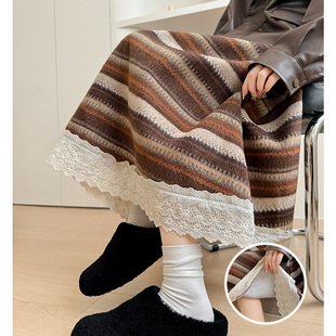 条纹蕾丝半身裙女秋冬2026新款高腰a字伞裙民族风小个子毛呢长裙