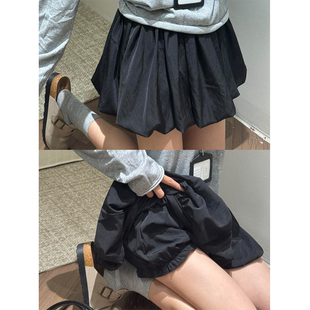 黑色蓬蓬花苞短裙女夏高腰宽松显瘦a字灯笼裤小个子防走光半身裙