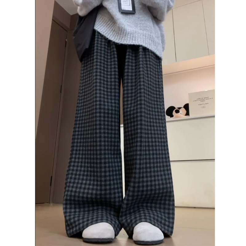 黑色加绒格子裤女秋冬2026新款加厚宽松直筒裤小个子羊羔绒阔腿裤