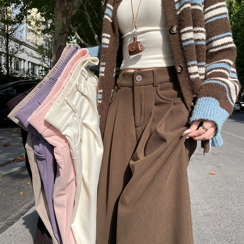 咖色灯芯绒阔腿裤女秋冬小个子加绒休闲直筒裤高腰垂感加绒西装裤