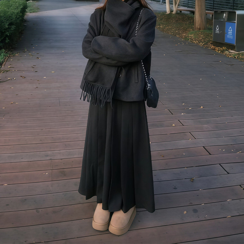 黑色毛呢百褶裙女冬季2025新款高腰中长款西装裙小个子a字半身裙,女装/女士精品,半身裙,淘宝优惠券,粉丝福利购,淘宝优惠卷