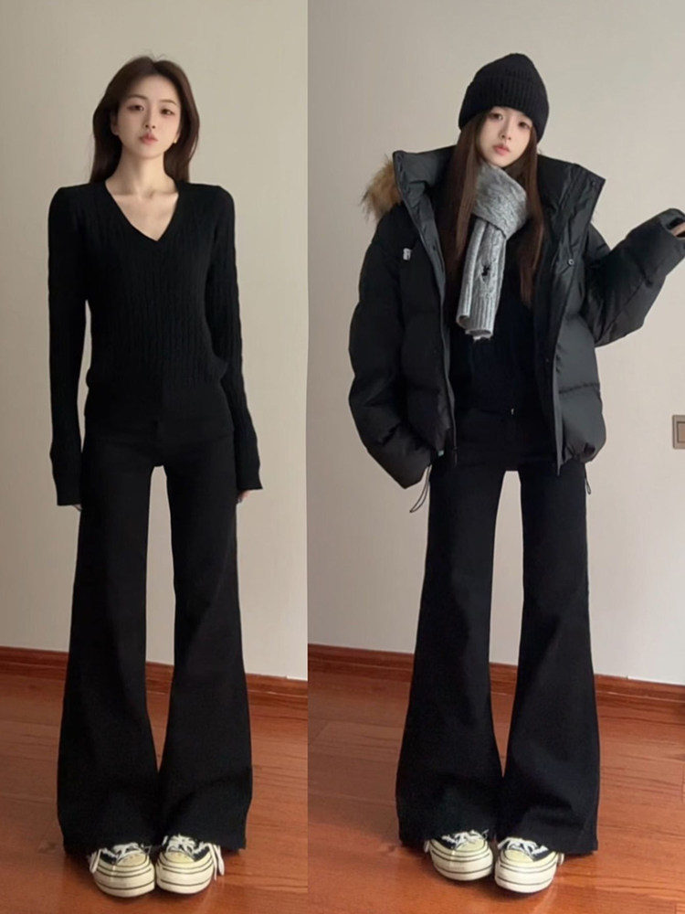 黑色西装喇叭裤女秋冬2026新款小个子加绒加厚休闲裤高腰显瘦裤子