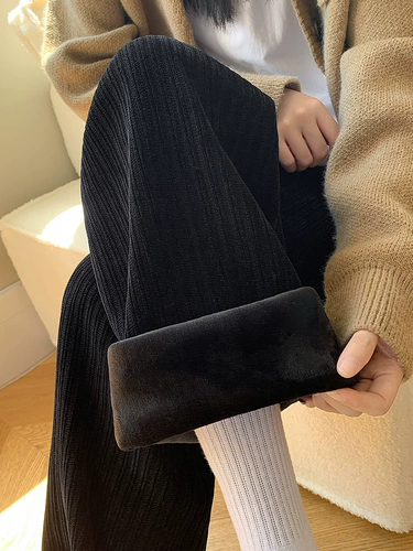 Флисовые осенние штаны, черные леггинсы для отдыха, высокая талия, увеличенная толщина, свободный прямой крой