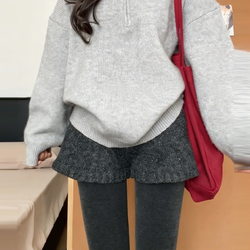 灰色针织短裤女冬外穿2026新款高腰a字包臀靴裤小个子打底毛衣裤