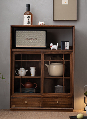 北美黑胡桃实木收纳柜 茶具柜书柜 轻奢茶室物品展示柜 储藏柜