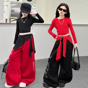 女童爵士舞服jazz练功套装露脐上衣阔腿裤嘻哈街舞烫钻超酷甜穿搭