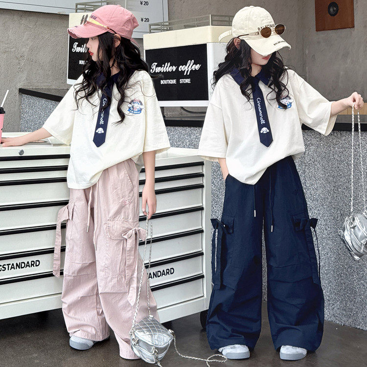 女童夏装学院风爵士舞休闲走秀服新款女孩大童韩系工装裤街舞服