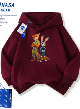NASA疯狂动物城男童加绒卫衣秋冬装2026新款喜庆红色儿童帽衫年服