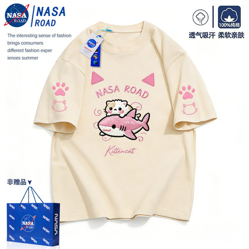 NASA联名女童短袖t恤2026新款中大儿童装洋气纯棉半袖小猫咪上衣