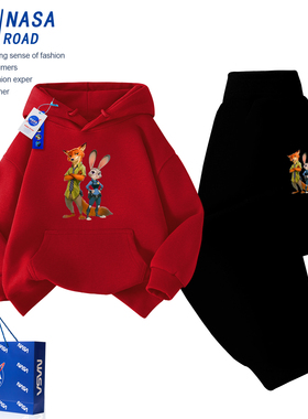 NASA疯狂动物城新年衣服儿童加绒套装2026男童红色卫衣女童运动服