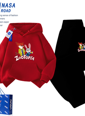 NASA疯狂动物城儿童冬季加绒红色卫衣套装2026新款男女童装新年服