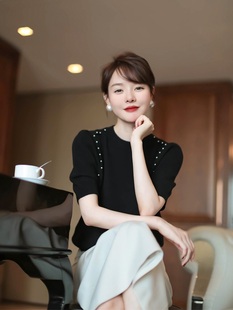 口碑款UM 温柔女主气质 高颜值珍珠绣羊毛针织衫短袖女春夏新款