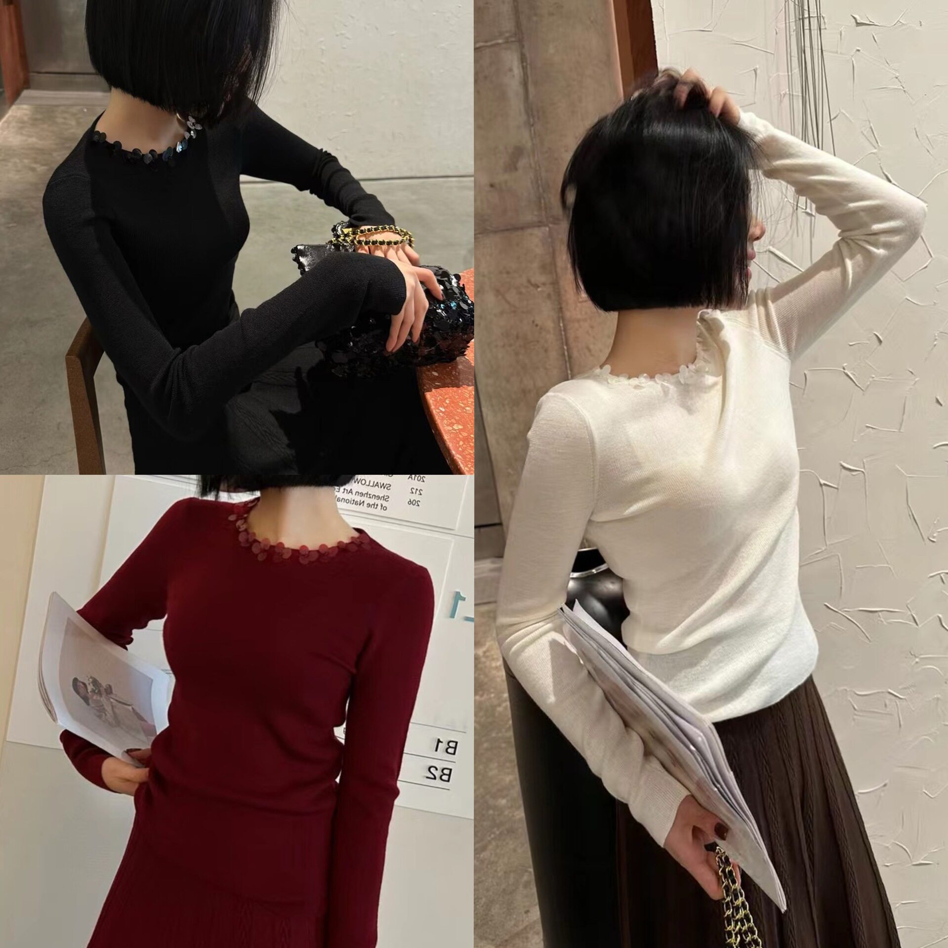 扬子纱线打底衫女2024秋冬白色内搭长袖t恤洋气独特别致针织上衣图片