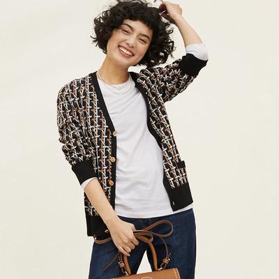 *WZK05160 T*B几何美学复古提篮编织图案印花针织开衫