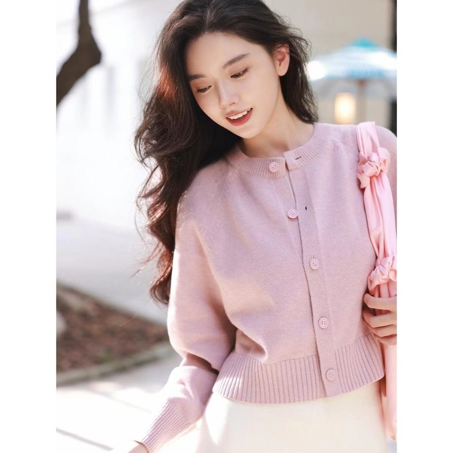 原~正~COS秋羊毛女士圆领灯笼袖宽松短款针织开衫