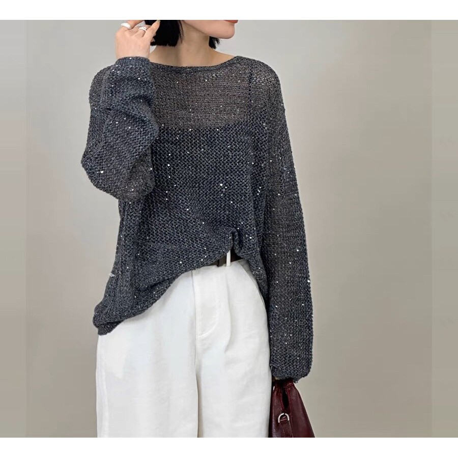 欧洲站2025春季新款圆领长袖纯色宽松镂空亮片百搭针织衫上衣女潮